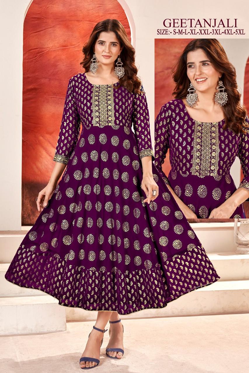 Geetanjali By Sangeet Anarkali Foil Gold Printed Kurtis Wholesale Shop In Surat